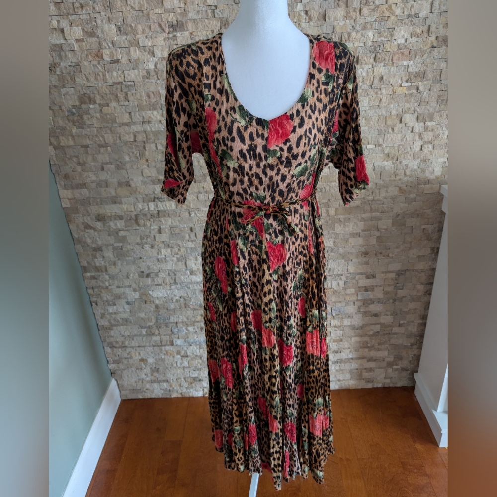 Vintage 90s Leopard and Rose Print Crinkle Rayon Midi Dress 70s Inspired Sz S image 6